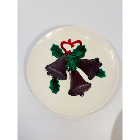 Ceramic Dinner Plates Vintage Handmade Hand-painted 3D Christmas Bells Holly Mal - Picture 8 of 11